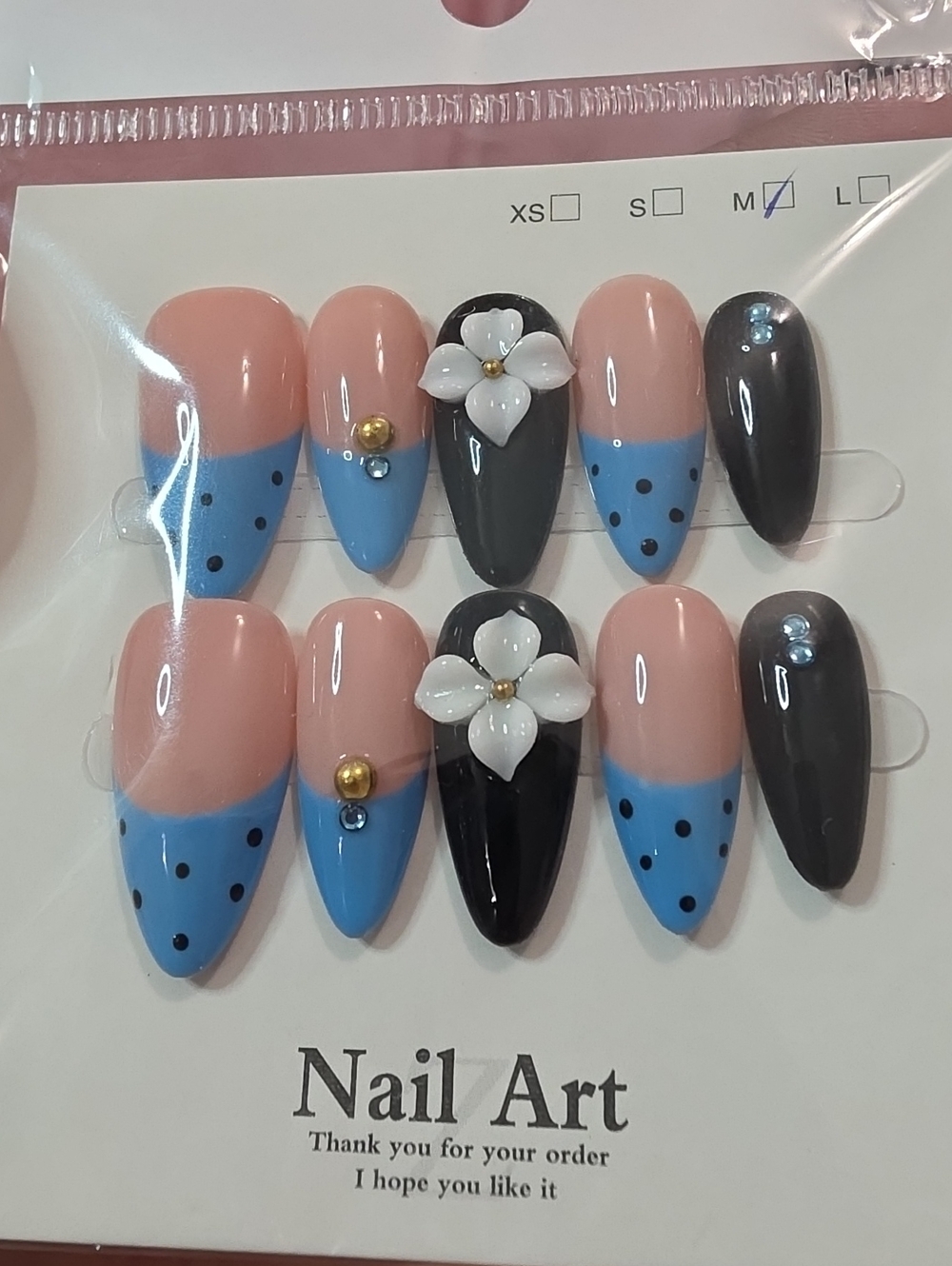 Press-On Set — Pink, Blue & Black Floral Accent